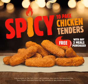 Burger King Free 10 Pack Spicy Tenders Valentines Day